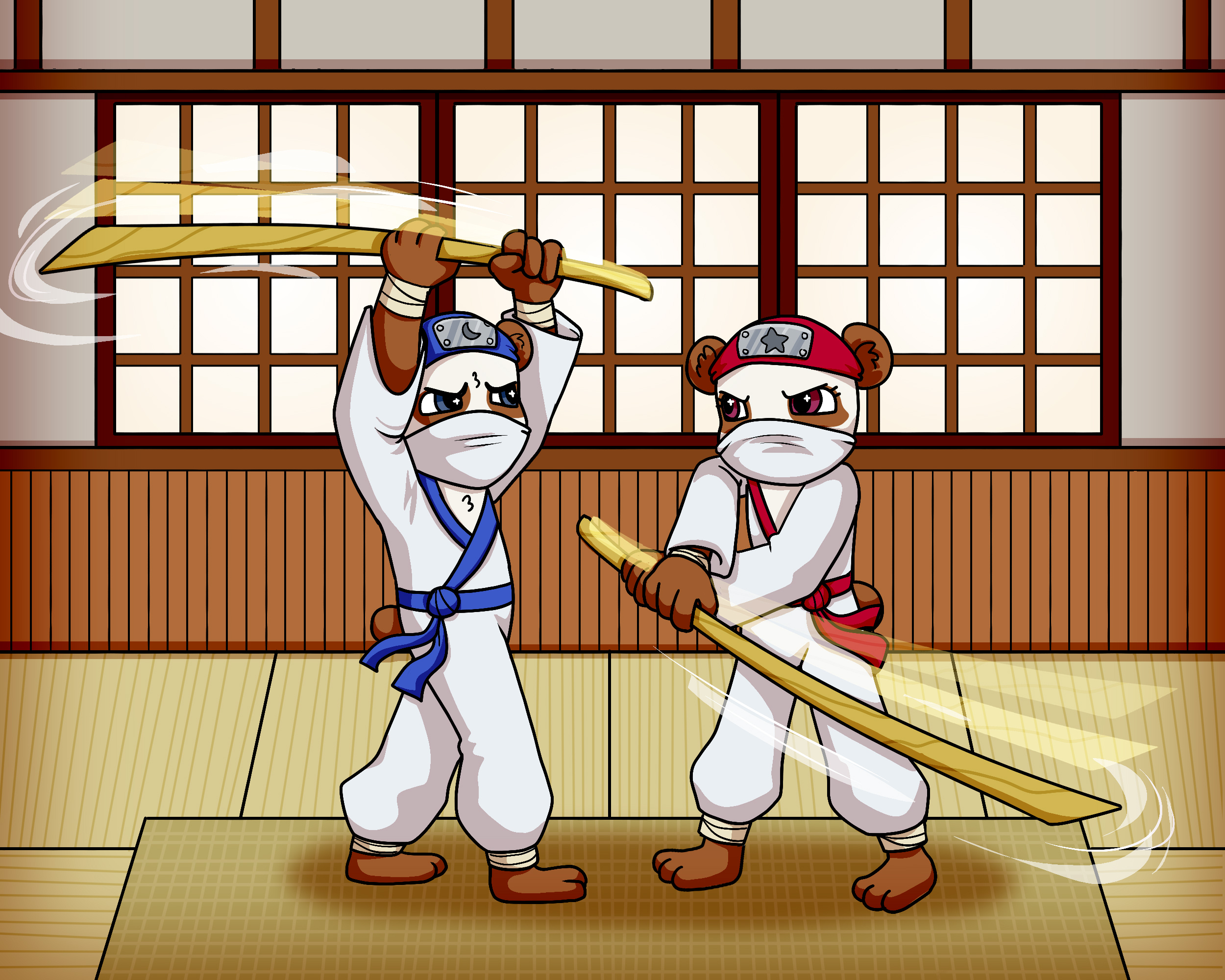 The Twinjas training together in the dojo