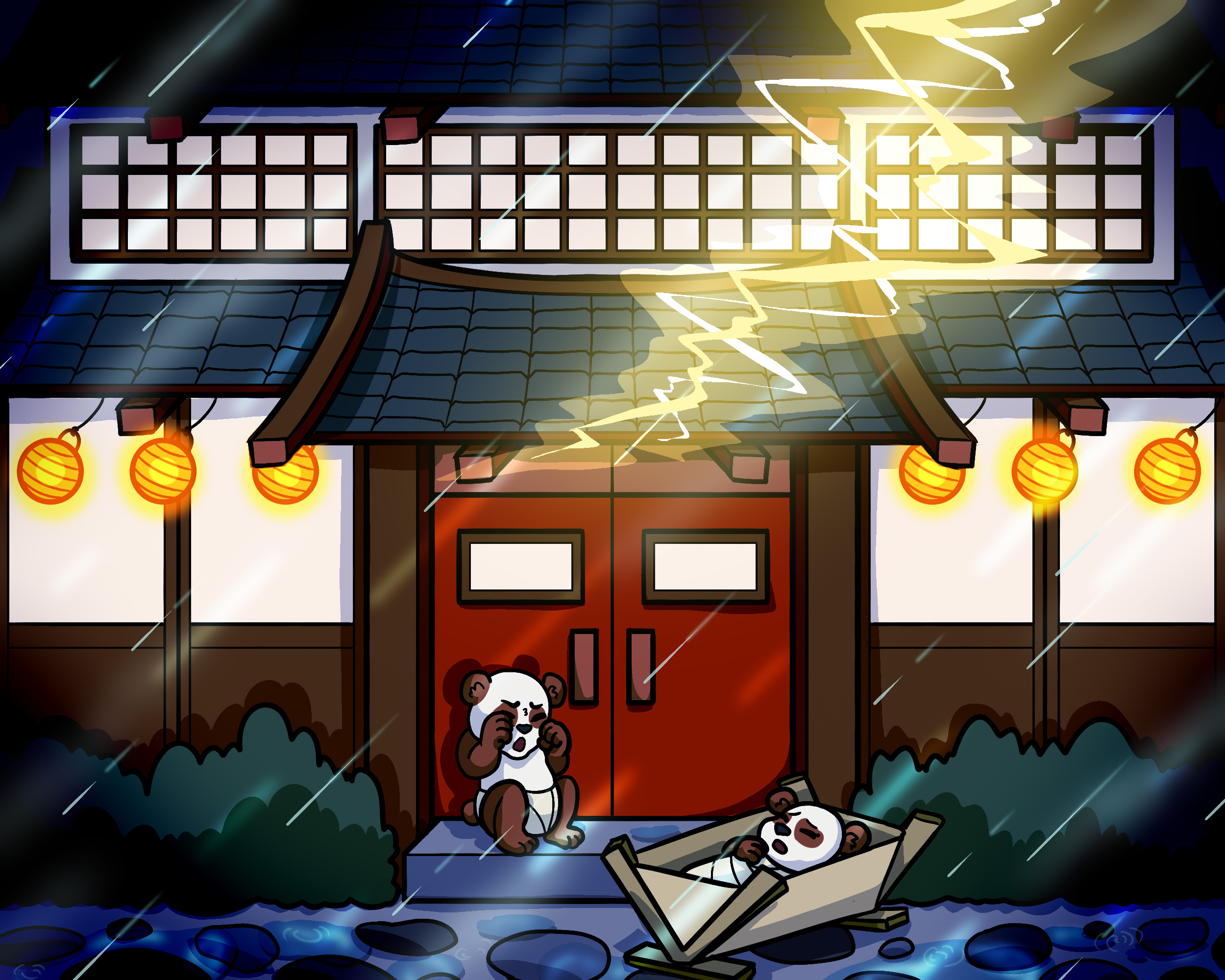 Two panda cubs abandoned outside a dojo during a storm