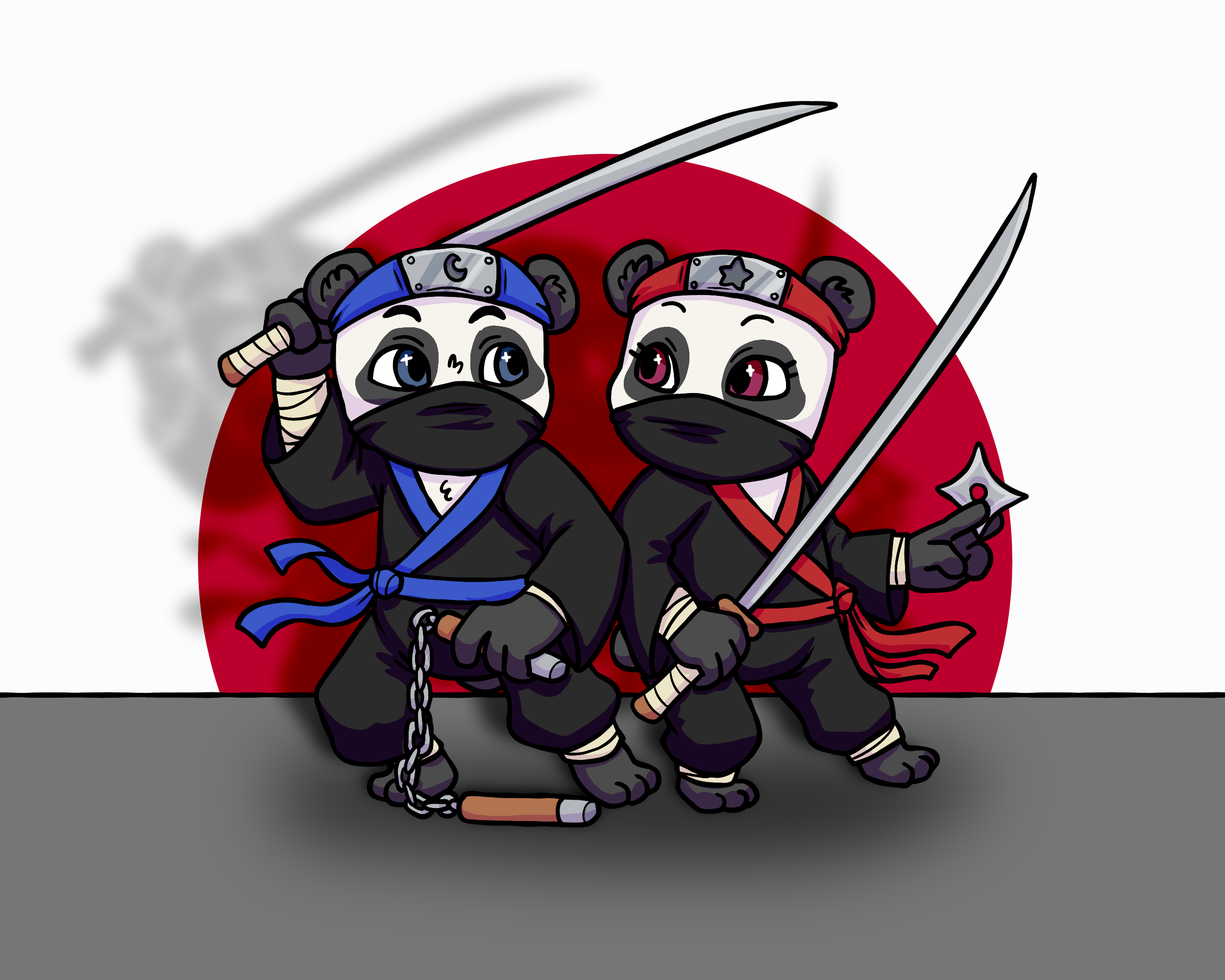 The blue and red Twinjas standing side by side